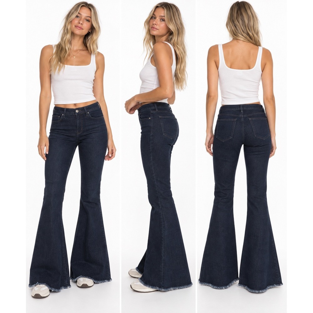 a loves a Flare Jeans 31 Dark Wash Raw Hem Bell Bottom Boho 70s Retro NEW